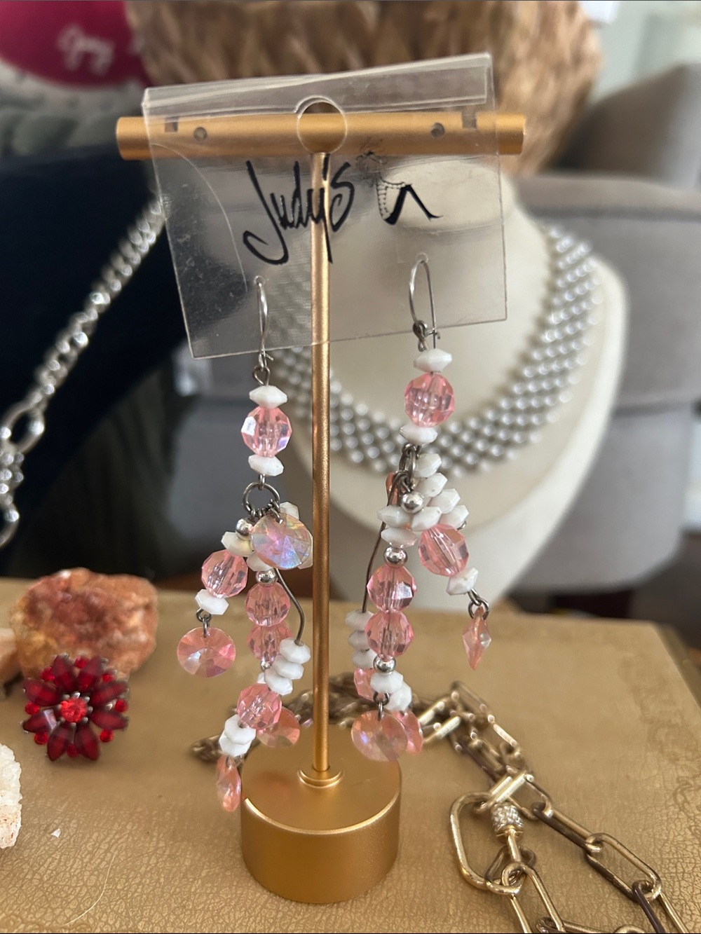 Pink Beaded Dangle Earrings with White Accents - Unbranded